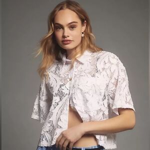 Anthropologie Pilcro Short-Sleeve Lace Buttondown Shirt
